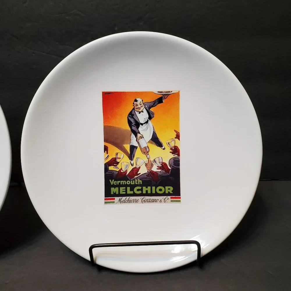 Pottery Barn Vintage Posters Salad Plates, Set of 2 Appetizer Dessert Dishes 8